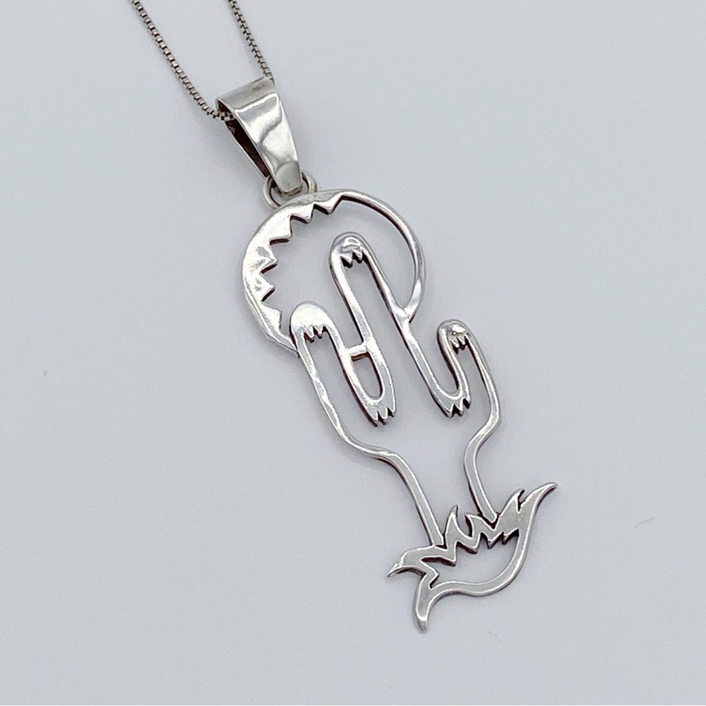 Navajo Artist Glenn & Irene Sandoval Silver Silver Cactus Pendant Necklace